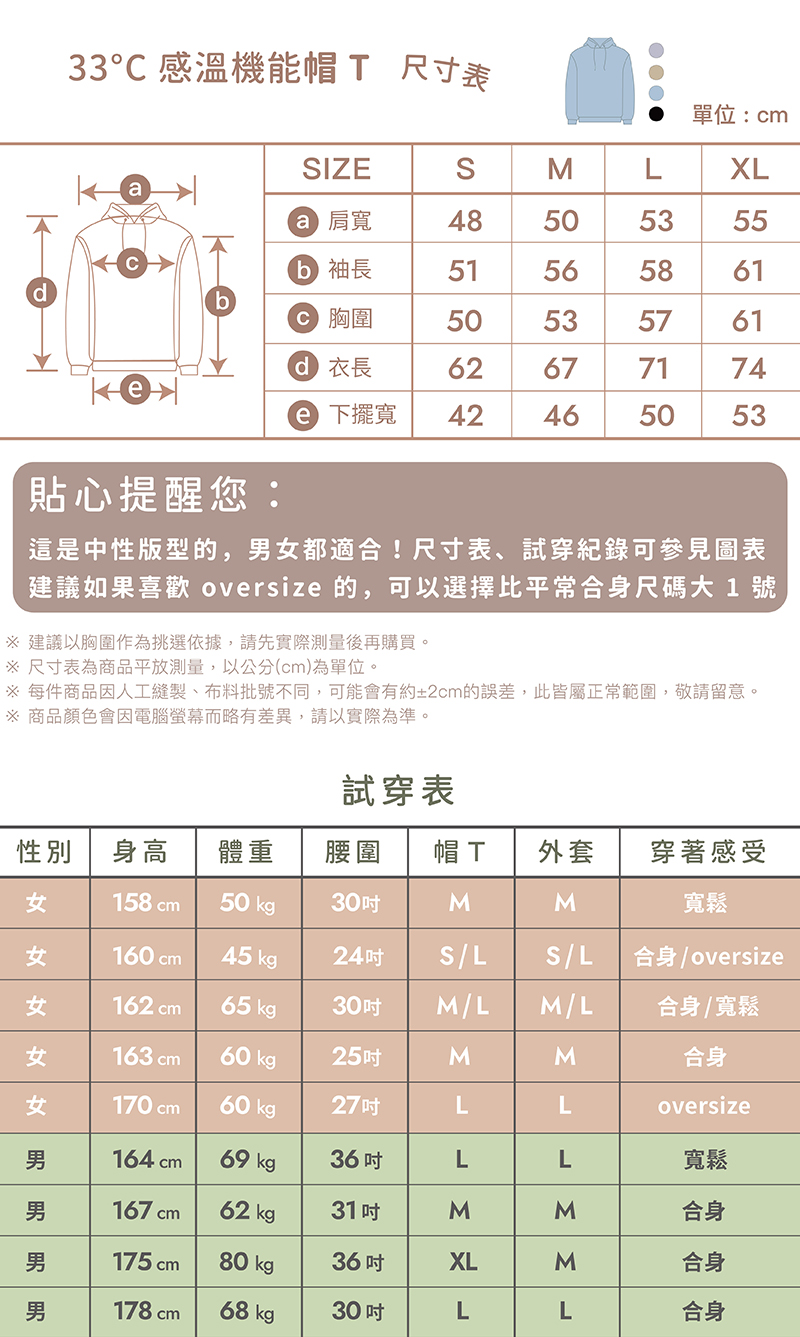 ESCURA 33°C感溫機能帽T 尺寸表